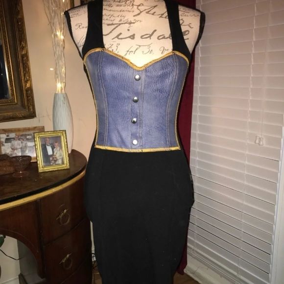 STUNNING BLACK WITH BLUE LEATHER DRESS - Picture 4 of 6